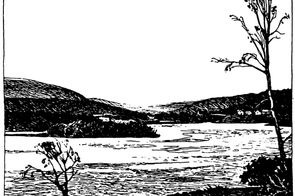 Svartvit illustration av älvdal med fjäll och bebyggelse